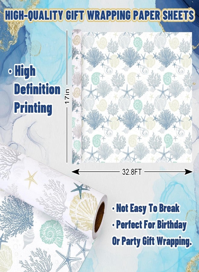 وولاين ورق تغليف هدايا "والاين أوشن" - لفة صغيرة - 17 بوصة × 32.8 قدم، ورق تغليف هدايا بنقشة أصداف المرجان الساحلية، مثالي للأعمال الفنية والحرفية، وحفلات الزفاف، وأعياد الميلاد، وحفلات استقبال المولود، ولوازم الحفلات. - Image 2